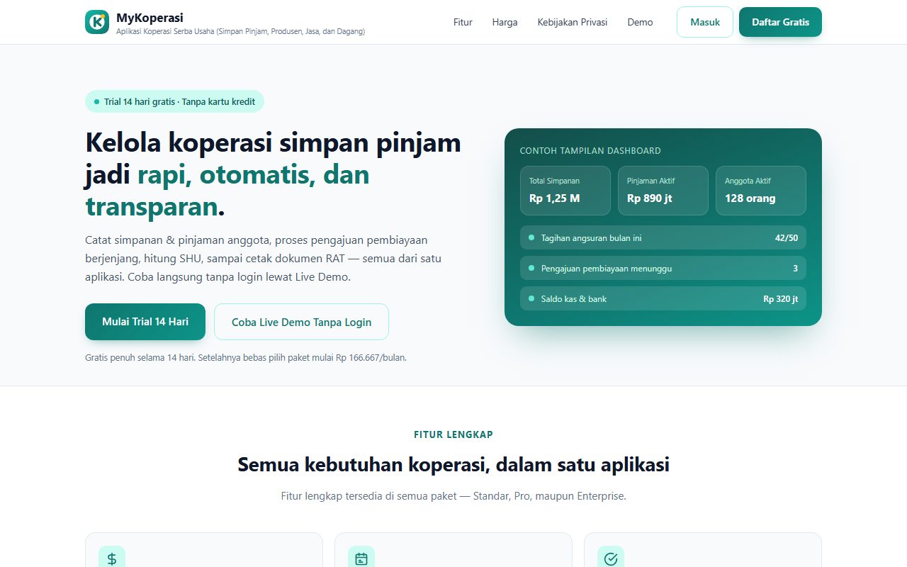 Tampilan beranda MyKoperasi dengan ringkasan simpanan, pinjaman, dan anggota
