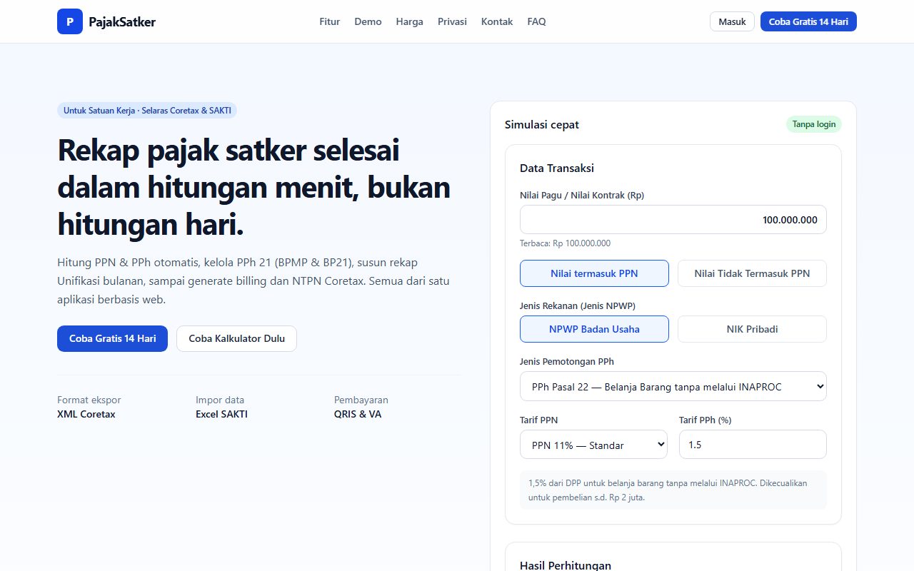 Tampilan PajakSatker dengan kalkulator PPN, PPh, dan rekap pajak satuan kerja